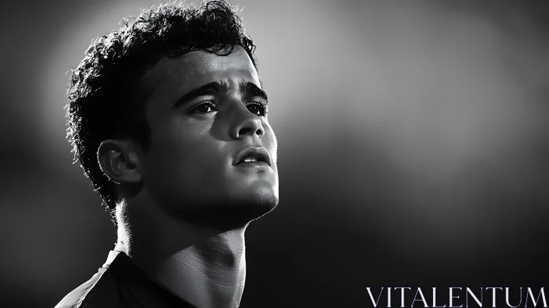 Pensive young man in dramatic monochrome side lighting.