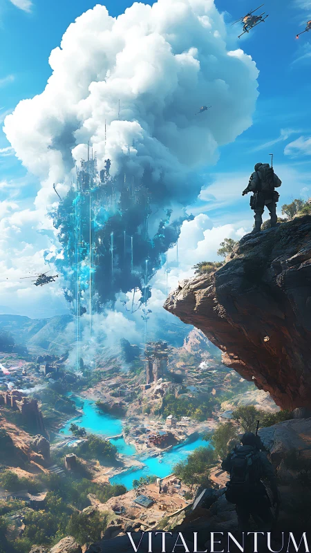 Soldiers observe floating citadel above neon canyon basin.