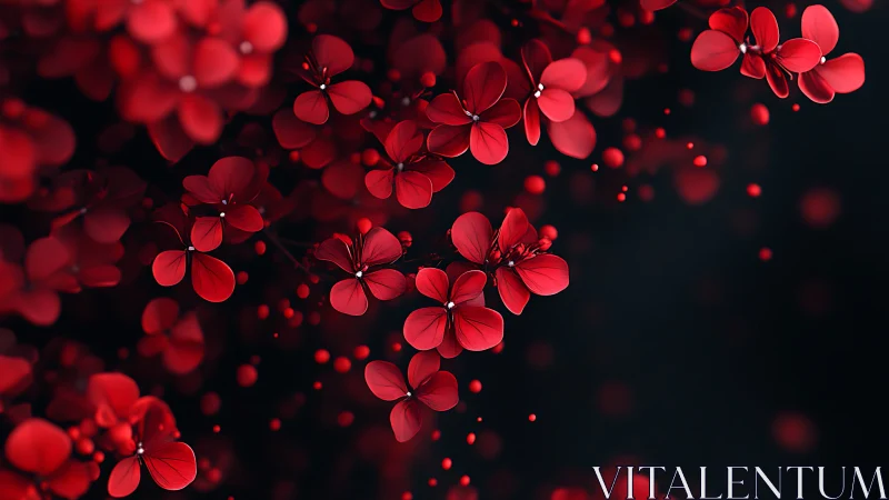 Luminescent Red Floral Clusters Against Deep Chromatically Defined Void.