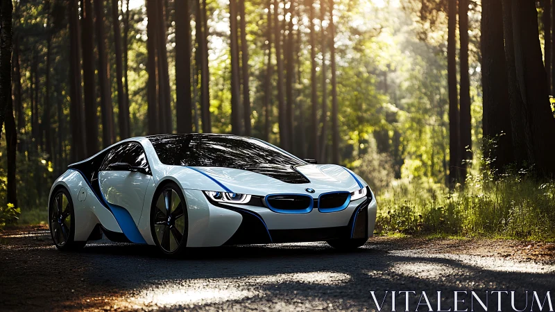 Futuristic hybrid sports car rendered in photorealistic forest light