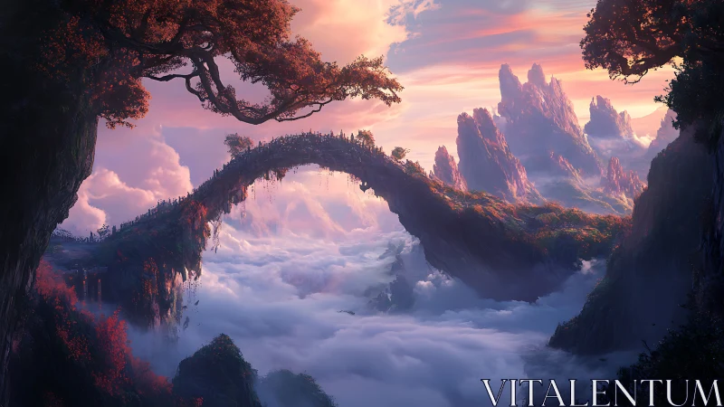 Dreamlike stone bridge arching over a glowing cloud valley.