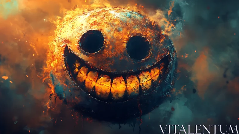 Smiling fireball face blazing through swirling cosmic smoke.