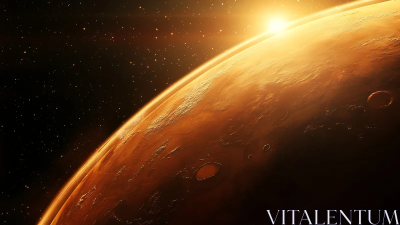 Sunrise rolls over rust-red Mars, igniting cratered horizons