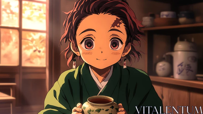 Warm anime portrait of smiling boy with tea cup indoors.
