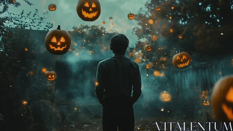 Silhouetted figure in yard surrounded by glowing pumpkins.