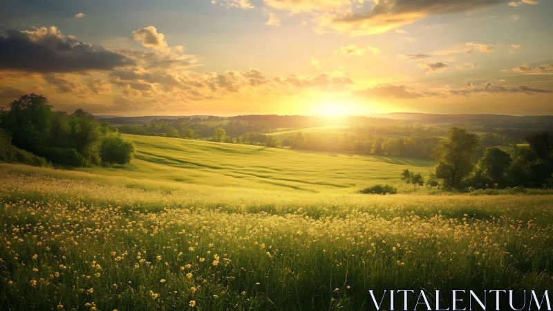 Golden hour over wildflower meadow and rolling farmland hills