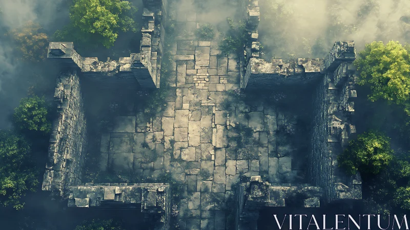 Ancient stone ruin courtyard emerges through dense drifting fog