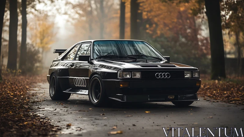 Classic Audi Quattro coupe dominates misty autumn forest road.