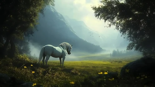 White horse stands in misty mountain meadow at sunrise