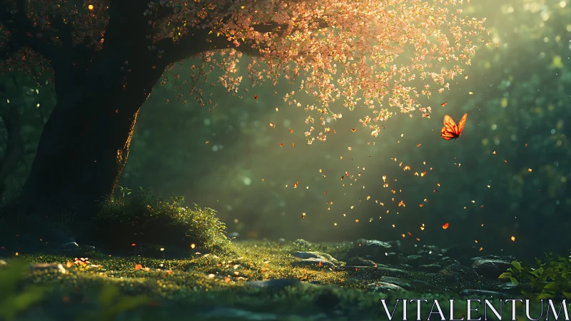 Butterfly under cherry tree in soft forest sunlight.