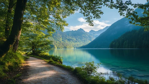 Lakeside forest path runs beside clear mountain water