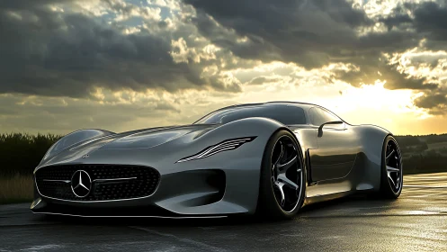 Sunset cruise with a silver supercar on empty highway.