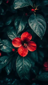 Red Flower With Water Drops Among Dark Foliage