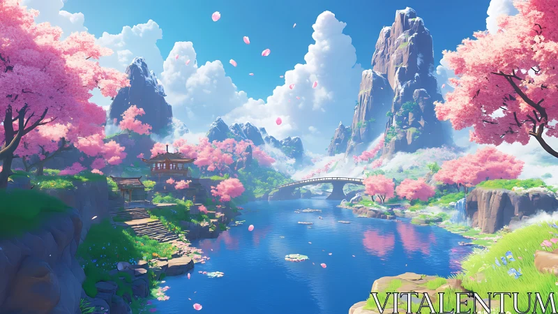 Cherry blossom valley surrounds tranquil blue river and bridge