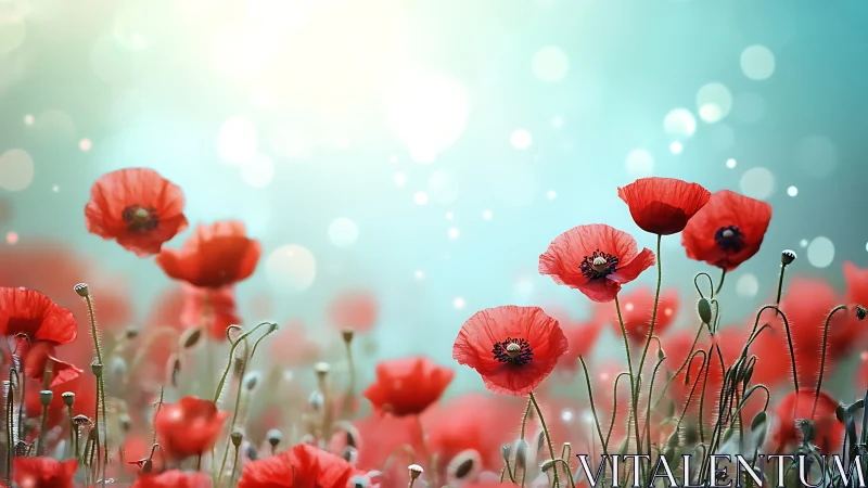 Dreamy Red Poppies Dance Against a Serene Turquoise Sky