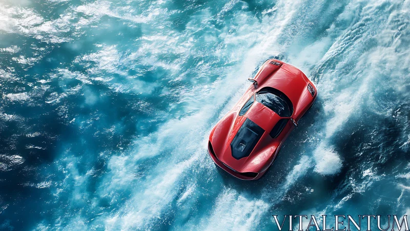 Red supercar gliding over turbulent teal ocean waters.