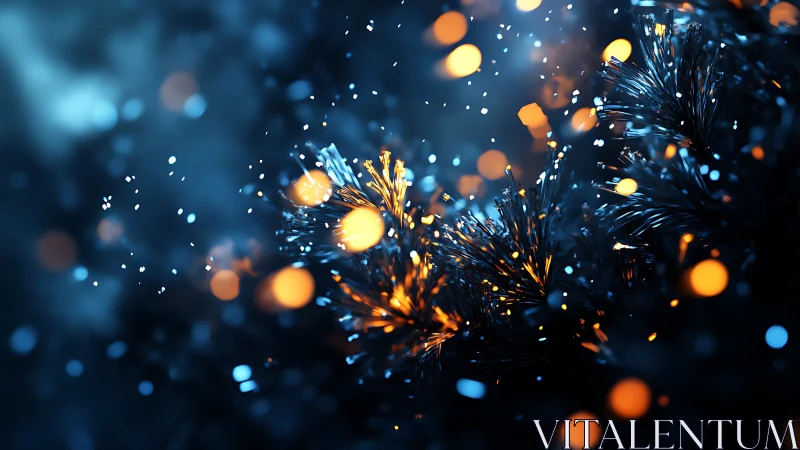 Glowing bokeh lights illuminate dark pine branches in snow