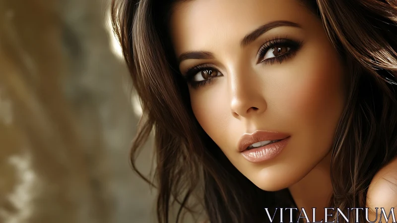 Photorealistic brunette portrait with soft golden lighting.