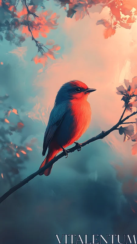 Small bird on branch in stylized warm cool lighting.
