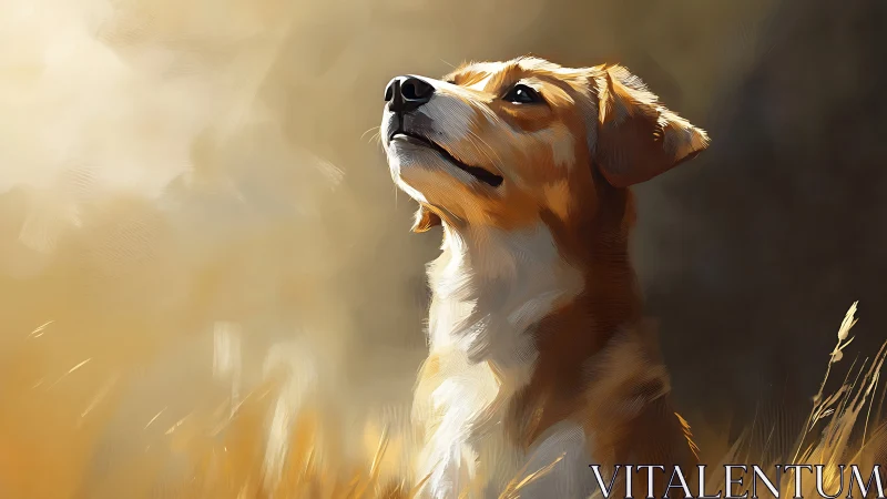 Sunlit dog in golden meadow, captured in quiet wonder.