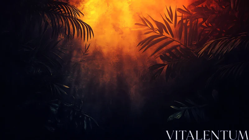 Mystic jungle canopy glows under intense burning sunset light