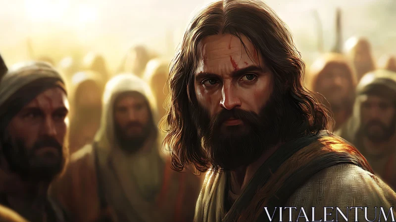 Weathered prophet amid sunlit crowd, eyes forged in fire.