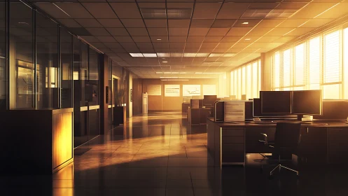 Golden hour quiets a modern open-plan office floor.