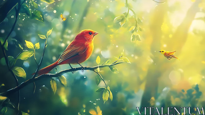 Vibrant Songbirds in Sunlit Forest, Dreamy Digital Art Style.