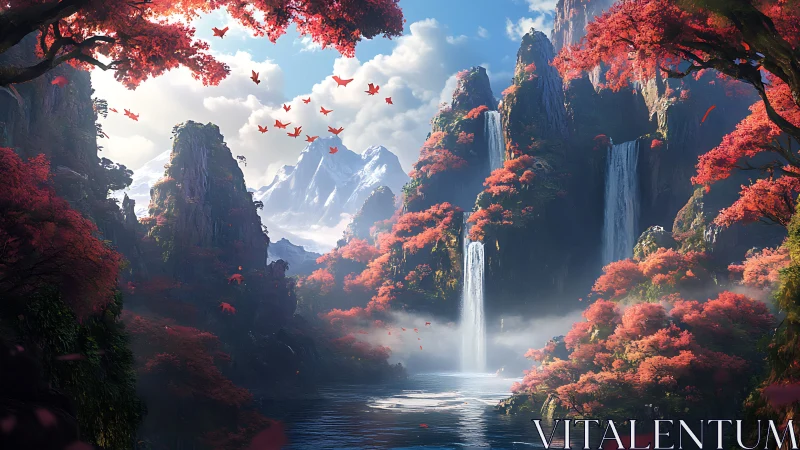 Cascading waterfalls in crimson forested canyon basin panorama.