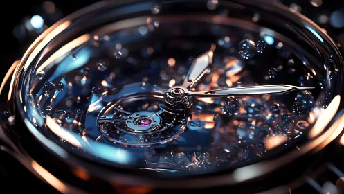 Luxury Watch Close-Up with Floating Bubbles, Hyperrealistic Art.
