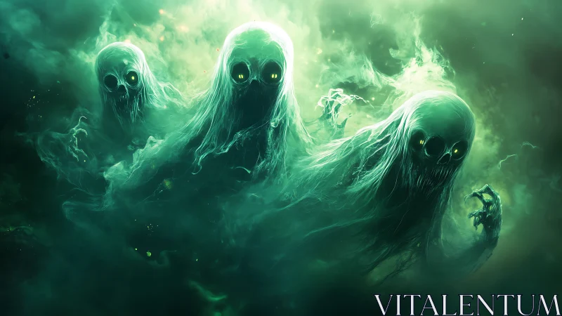 Triptych of ectoplasmic wraith entities in teal vapor fields.