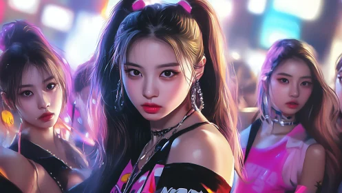 Neon-lit girl trio in hyperreal city nightlife portrait.