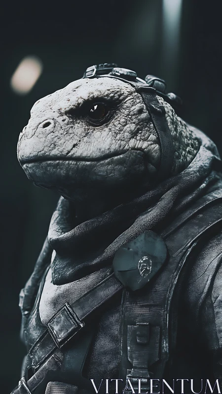 Stoic lizard adventurer in rugged sci fi explorer gear.