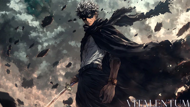 Masked swordsman commands storm of shattered sky debris.
