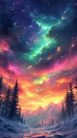 Colorful aurora sky illuminates snowy pine valley landscape