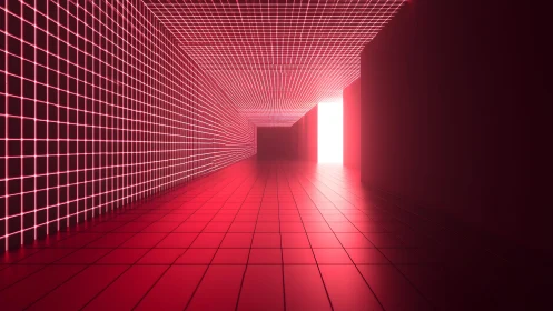 Futuristic neon corridor with glowing grid in digital art style.