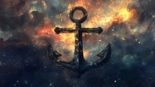 Celestial anchor silhouette overlays nebula-rich deep space background