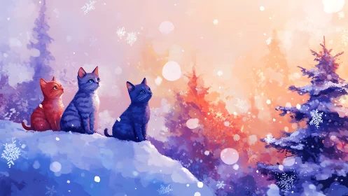 Three Cats in a Snowy Winter Wonderland.