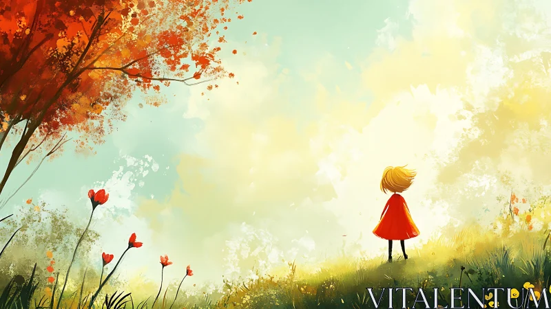 Child in red dress on sunlit meadow under vivid autumn tree