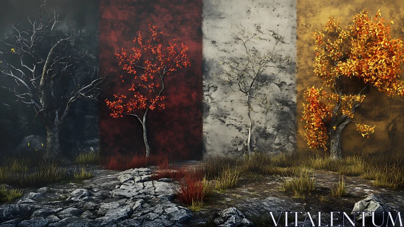 Rendered seasonal trees stand against three textured panels