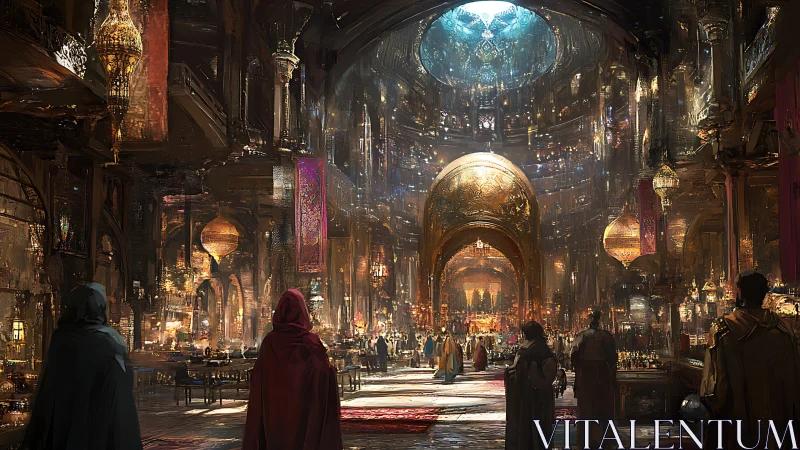 Golden fantasy bazaar shimmers under a vast cathedral dome