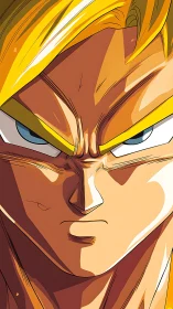 Close frontal view of blond anime warrior character face.