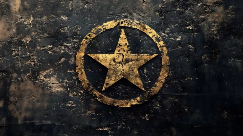Weathered gold star emblem on dark textured surface.