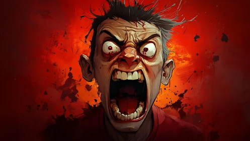 Male figure with wide open mouth against red backdrop.