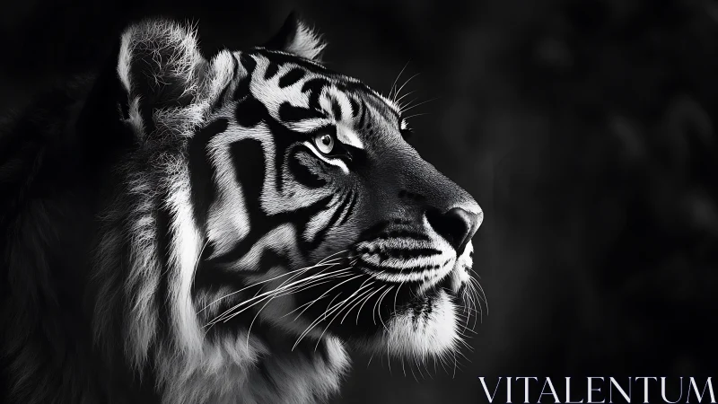 Monochrome tiger portrait in dramatic side light profile.