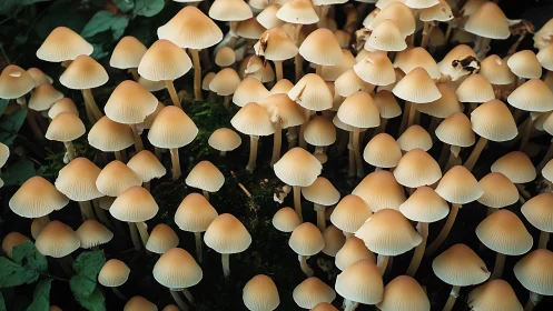 Dense cluster of pale forest mushrooms forms textured canopy