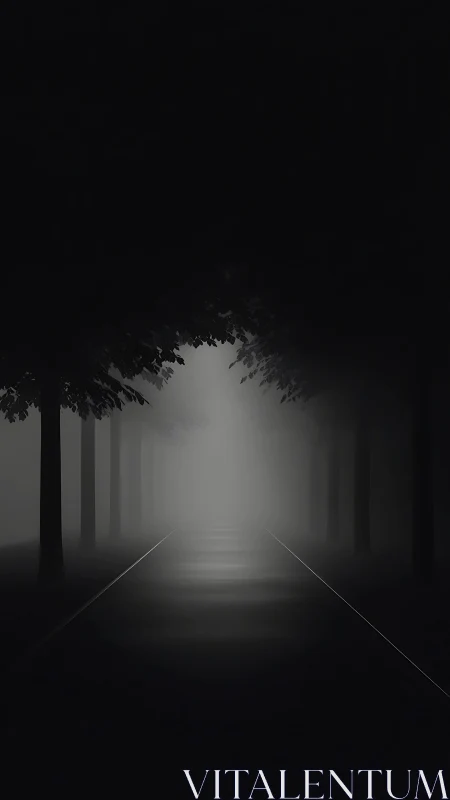 Monochrome tree-lined avenue in atmospheric linear perspective.