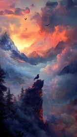 Solitary bird on cliff above vivid glowing mountain clouds.