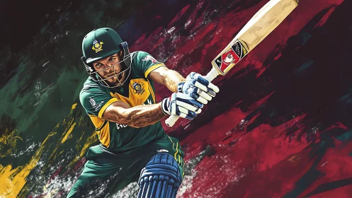 Cricket batsman drives ball in dynamic digital stroke art.
