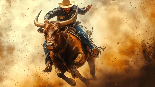 Rodeo bull rider suspended amid airborne dust cloud.